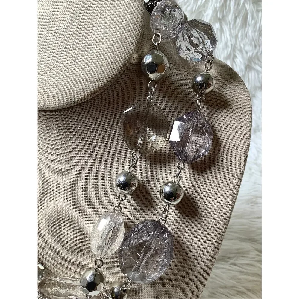 NY New York Co Silver Tone Double Strand Clear Faceted Beaded Necklace F18-59